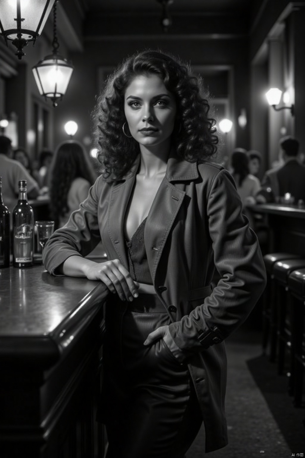 Black and white portrait,Captured in a black and white monochromatic photograph,a woman stands at a bar