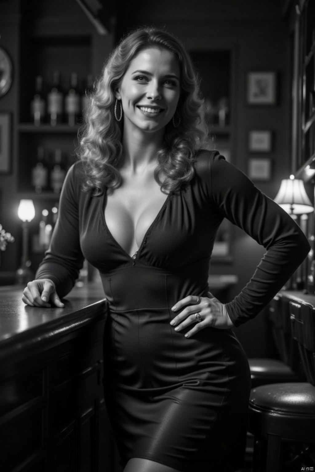 Black and white portrait,Captured in a black and white monochromatic photograph,a woman stands at a bar