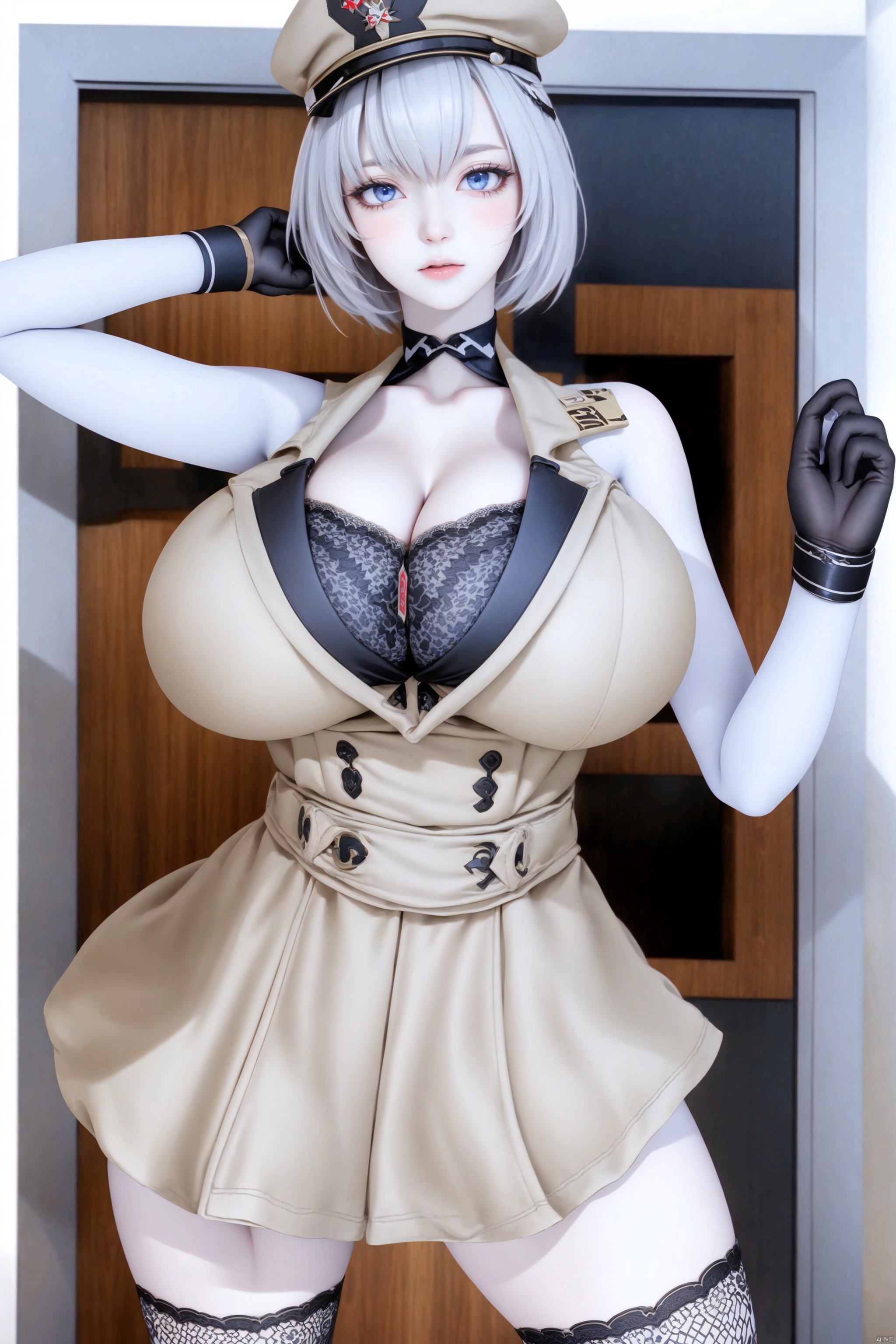 1girl solo breasts looking at viewer short hair blue eyes skirt large breasts thighhighs gloves hat dress cleavage standing white hair black gloves bra fishnets pale skin lace arm behind head hand in own hair military hat



