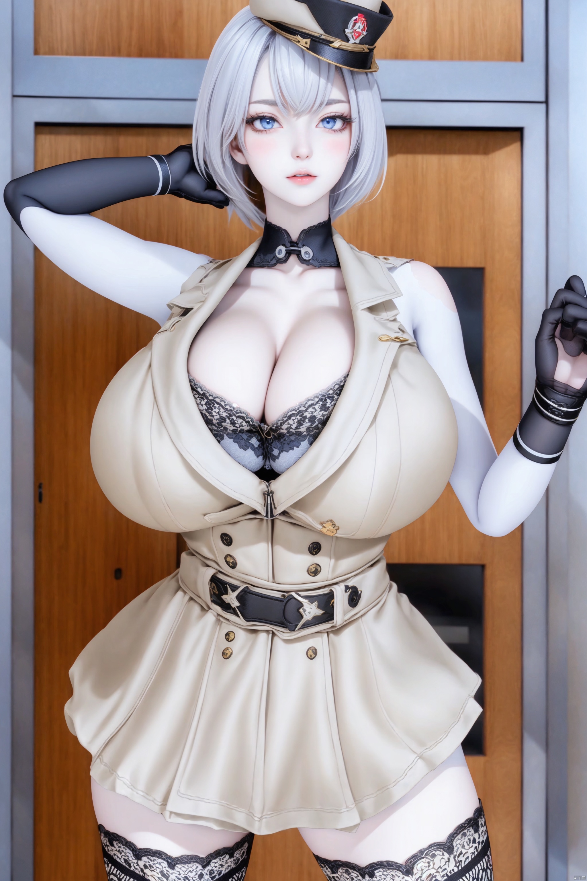 1girl solo breasts looking at viewer short hair blue eyes skirt large breasts thighhighs gloves hat dress cleavage standing white hair black gloves bra fishnets pale skin lace arm behind head hand in own hair military hat


