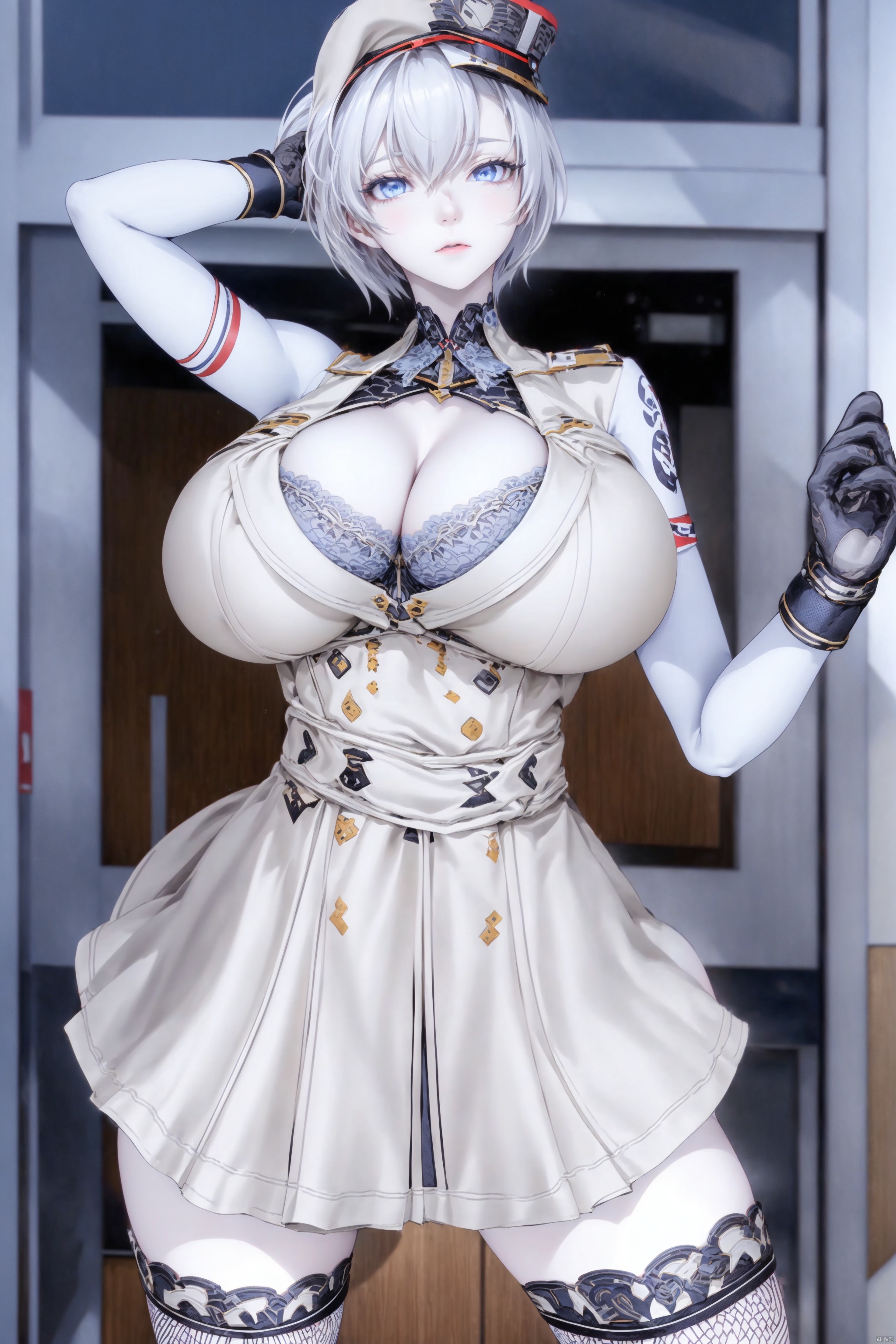 1girl solo breasts looking at viewer short hair blue eyes skirt large breasts thighhighs gloves hat dress cleavage standing white hair black gloves bra fishnets pale skin lace arm behind head hand in own hair military hat


