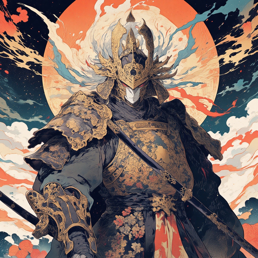 kabuki, japanese armor, armor, weapon, sword, samurai, flower, helmet, solo, 1boy, kabuto (helmet), moon, male focus, katana, holding, sheath, holding weapon, holding sword, sheathed, kusazuri, shoulder armor, mask, japanese clothes, kote, red eyes