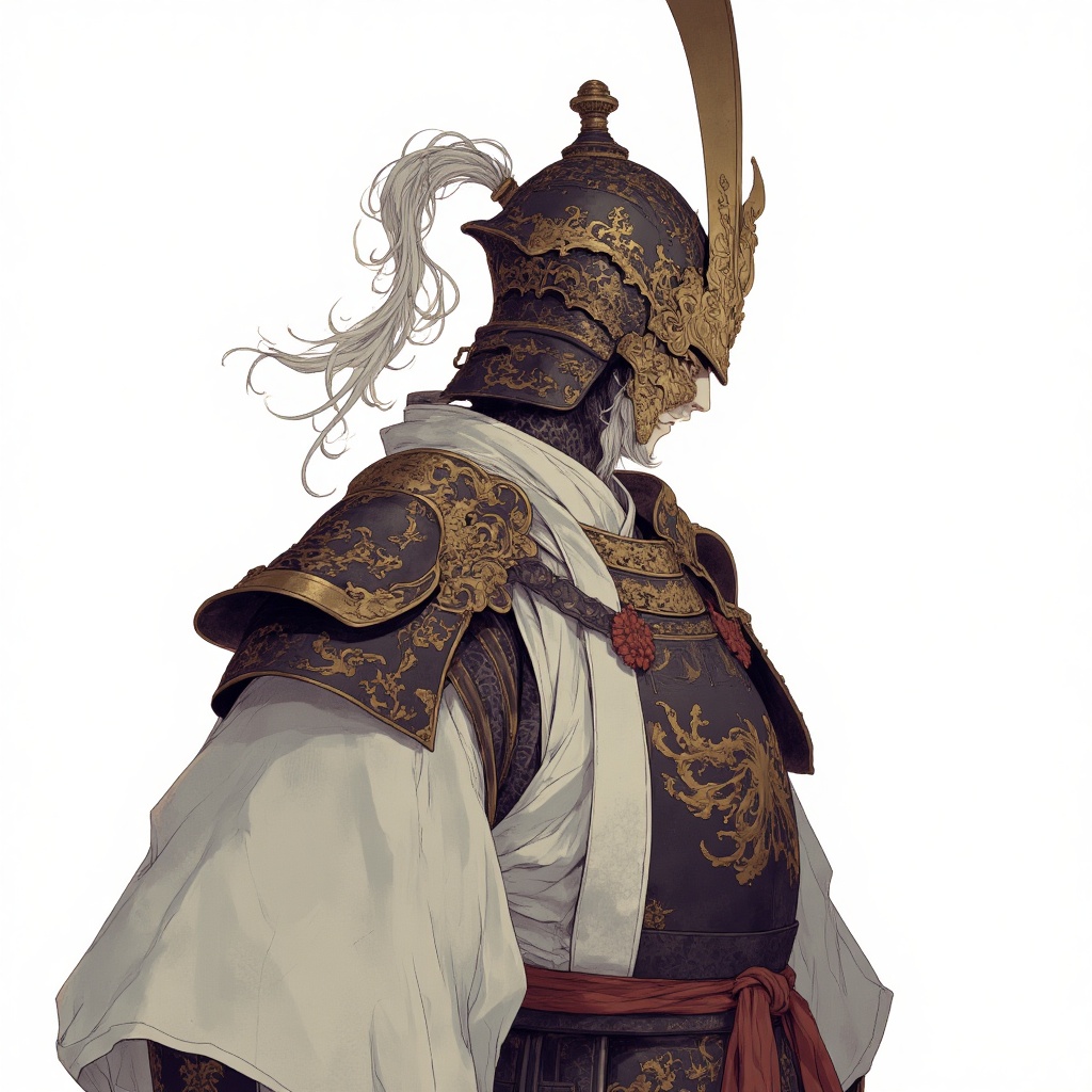 kabuki, armor, solo, weapon, helmet, sword, male focus, simple background, 1boy, white background, upper body, from side, profile, shoulder armor, japanese clothes, gauntlets, japanese armor, samurai, katana, closed mouth, holding, ponytail