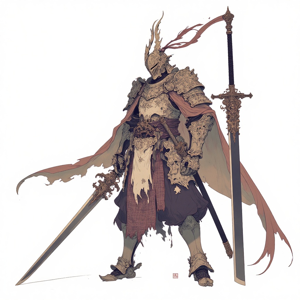 knight, armor, weapon, sword, helmet, solo, full armor, shoulder armor, holding, holding weapon, holding sword, 1other, gauntlets, breastplate, cape, sheath, torn clothes, ambiguous gender, sheathed, pauldrons, standing, katana, cowboy shot, japanese armor