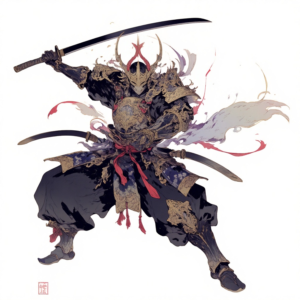 battle stance, weapon, armor, sword, japanese armor, helmet, holding, samurai, solo, katana, holding sword, holding weapon, white background, horns, sheath, shoulder armor, simple background, kabuto \(helmet\), male focus, 1boy, fighting stance, mask, full body, fake horns, dual wielding, japanese clothes, masterpiece, best quality, aesthetic,
