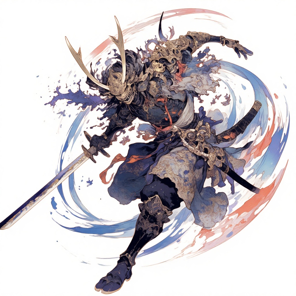 battle stance, weapon, armor, sword, japanese armor, helmet, holding, samurai, solo, katana, holding sword, holding weapon, white background, horns, sheath, shoulder armor, simple background, kabuto \(helmet\), male focus, 1boy, fighting stance, mask, full body, fake horns, dual wielding, japanese clothes, masterpiece, best quality, aesthetic,