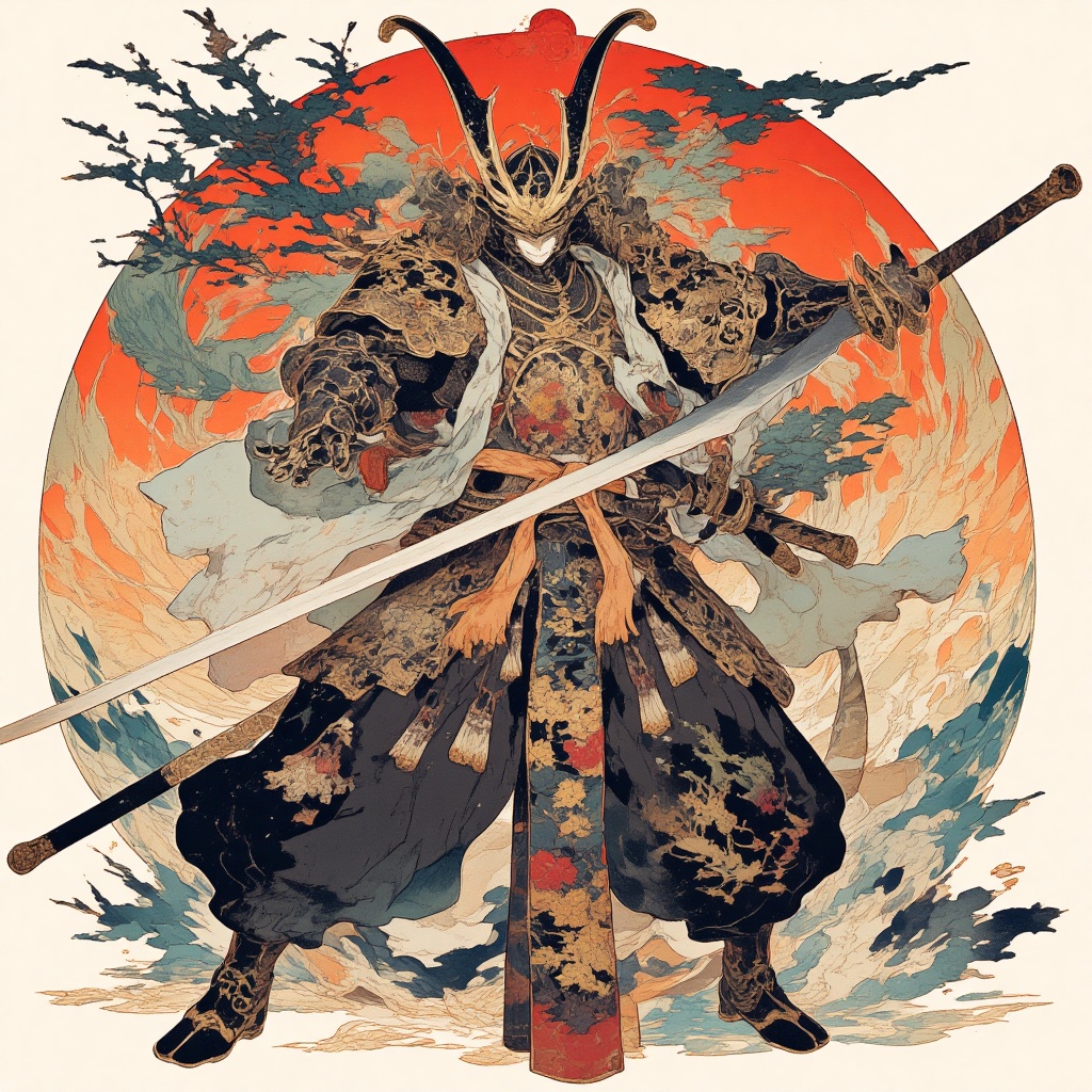 kabuki, battle stance, weapon, sword, armor, japanese armor, holding, helmet, samurai, solo, 1boy, holding weapon, holding sword, male focus, katana, kusazuri, dual wielding, japanese clothes, shoulder armor, kabuto (helmet), sheath, kote, masterpiece, best quality, aesthetic,