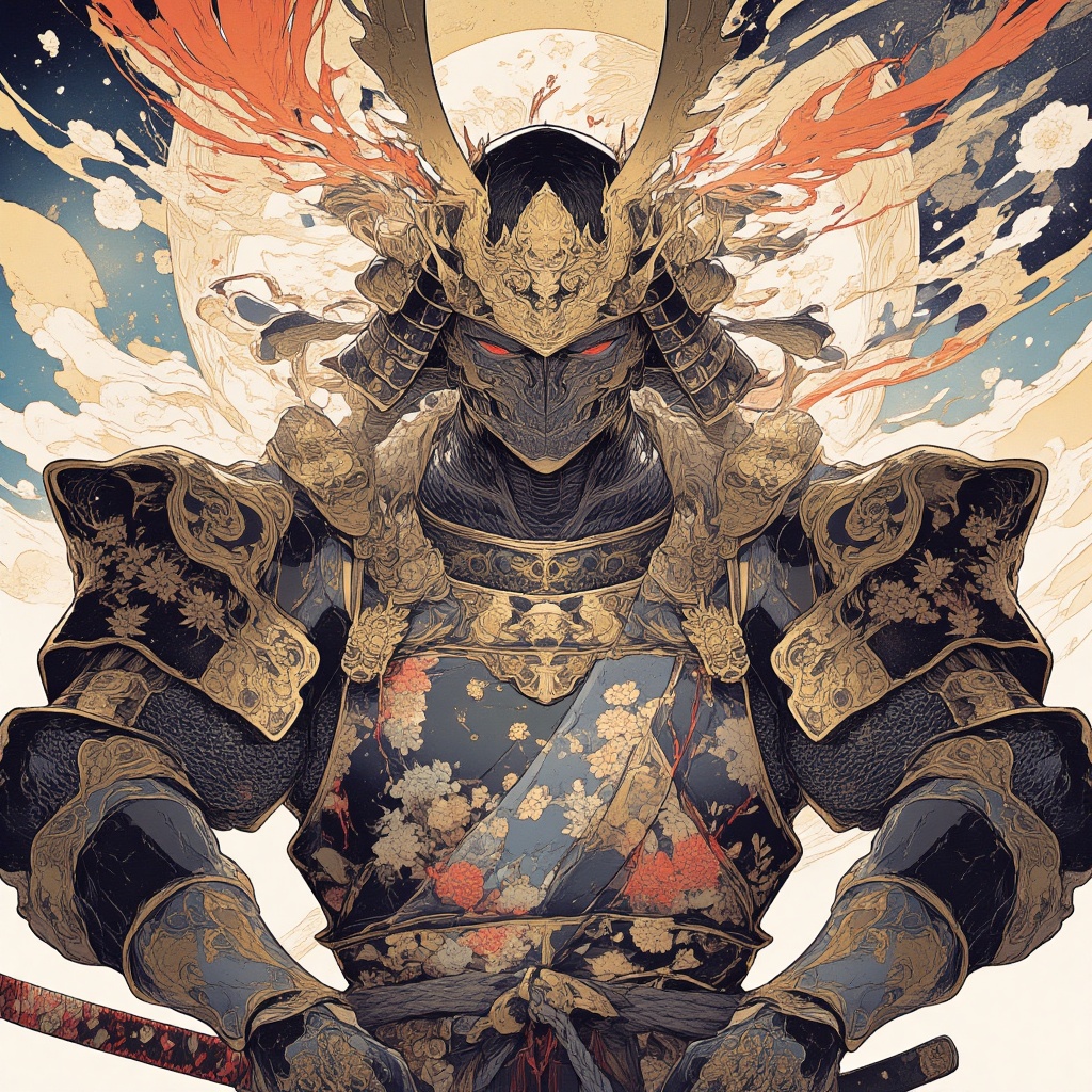 kabuki, japanese armor, armor, weapon, sword, samurai, flower, helmet, solo, 1boy, kabuto (helmet), moon, male focus, katana, holding, sheath, holding weapon, holding sword, sheathed, kusazuri, shoulder armor, mask, japanese clothes, kote, red eyes