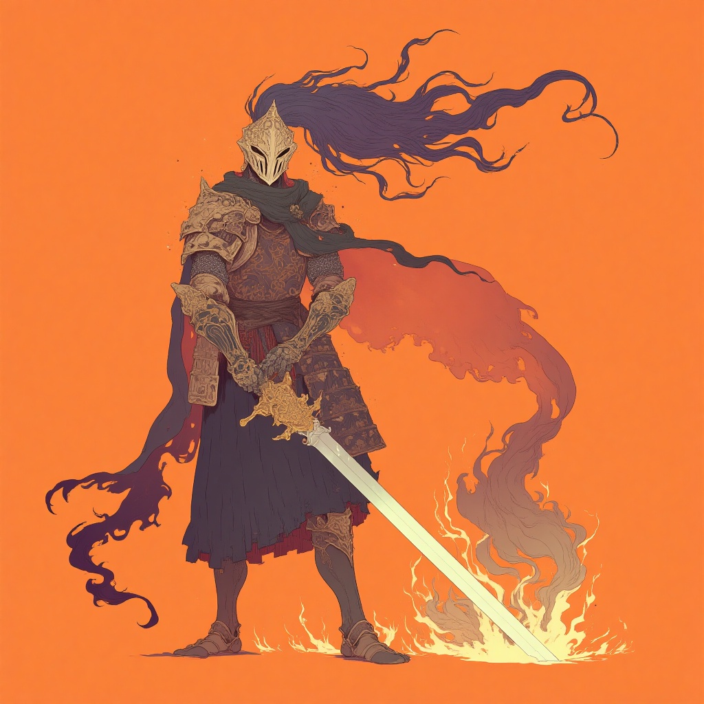 knight, armor, weapon, helmet, sword, gauntlets, solo, full armor, cape, shoulder armor, holding weapon, breastplate, hand on hilt, holding, pauldrons, holding sword, torn clothes, faulds, long hair, 1other, standing, chain, floating hair, 1boy, simple background, orange background, torn cape, planted, fire