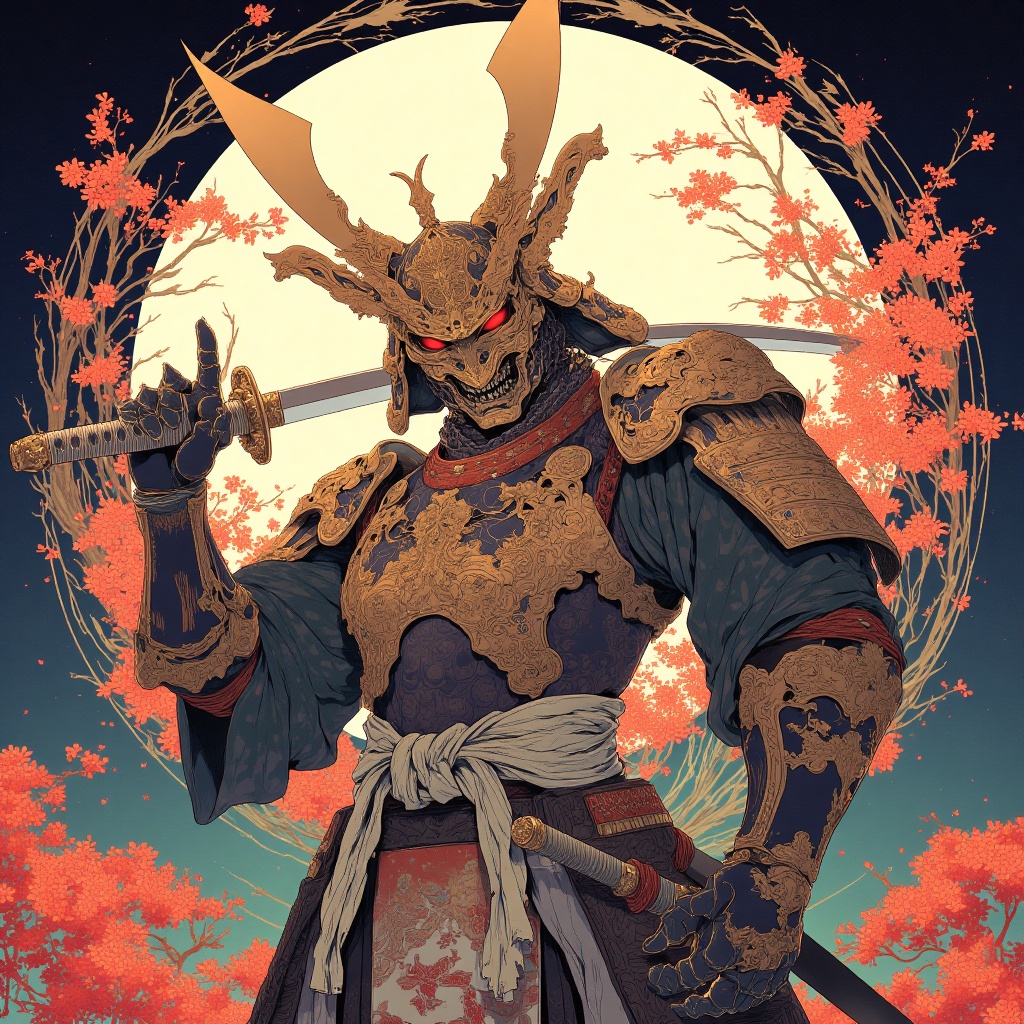 kabuki, japanese armor, armor, weapon, sword, samurai, flower, helmet, solo, 1boy, kabuto (helmet), moon, male focus, katana, holding, sheath, holding weapon, holding sword, sheathed, kusazuri, shoulder armor, mask, japanese clothes, kote, red eyes