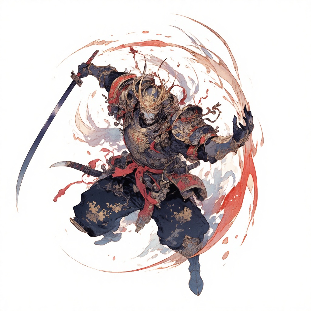 battle stance, weapon, armor, sword, japanese armor, helmet, holding, samurai, solo, katana, holding sword, holding weapon, white background, horns, sheath, shoulder armor, simple background, kabuto \(helmet\), male focus, 1boy, fighting stance, mask, full body, fake horns, dual wielding, japanese clothes, masterpiece, best quality, aesthetic,