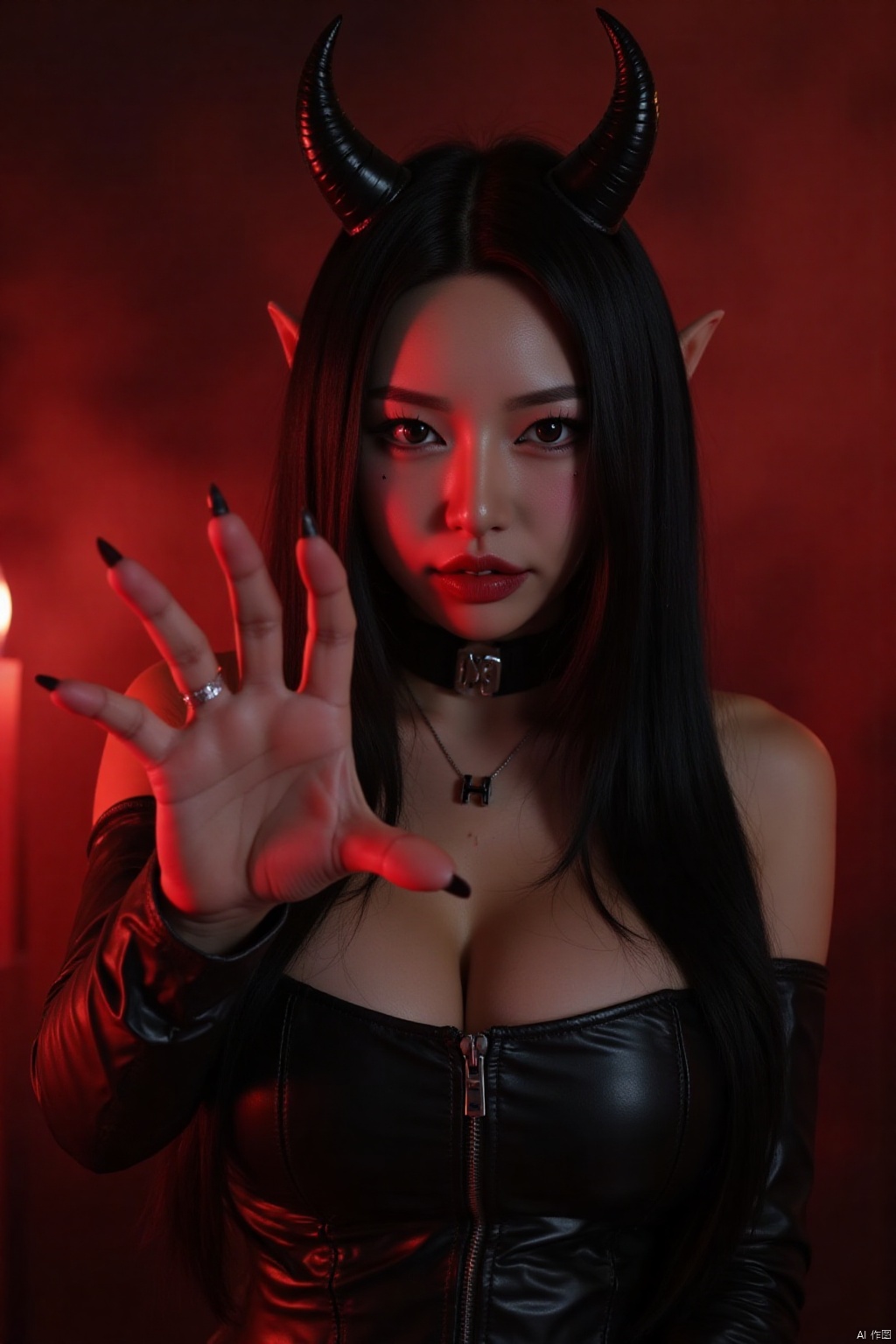 (woman dressed as devil),reaching out hand,towards camera,horns and wings on headpiece,wearing black and red,beautiful detailed eyes,beautiful detailed lips,extremely detailed eyes and face,long eyelashes,(best quality,4k,8k,highres,masterpiece:1.2),ultra-detailed,(realistic,photorealistic,photo-realistic:1.37),HDR,UHD,studio lighting,ultra-fine painting,sharp focus,physically-based rendering,extreme detail description,professional,vivid colors,bokeh,gothic style,dark atmosphere,red and black tones,dramatic lighting,smoky background,evil expression,clawed fingers,leather outfit,metal accessories,fiery aura,shadowy environment,glowing eyes,ominous presence,haunting beauty,oneuandgr