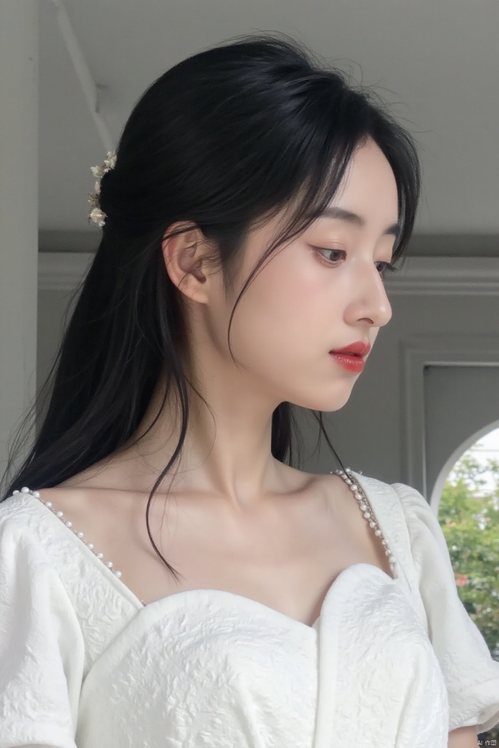 zhuis,woman looking down, wearing white, long black hair, red lipstick, archway behind