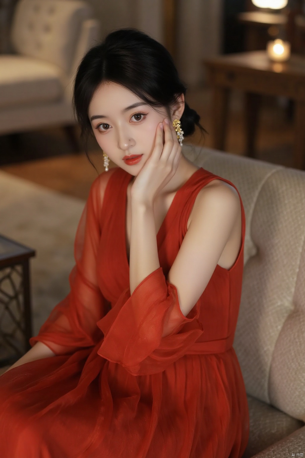 zhuis,(woman in red,elegant dress,sitting on couch,hand on face,gazing at camera,blurred background,living room setting),(best quality,4k,8k,highres,masterpiece:1.2),ultra-detailed,(realistic,photorealistic,photo-realistic:1.37),beautiful detailed eyes,beautiful detailed lips,extremely detailed eyes and face,long eyelashes,graceful posture,soft lighting,evening atmosphere,warm tones,cozy interior,modern furniture,refined style,soft shadows,subtle highlights,gentle expression,serene mood,calm ambiance,classic elegance,portraits,fashion photography,vivid colors,bokeh,professional,sharp focus,physically-based rendering,extreme detail description,HDR,UHD