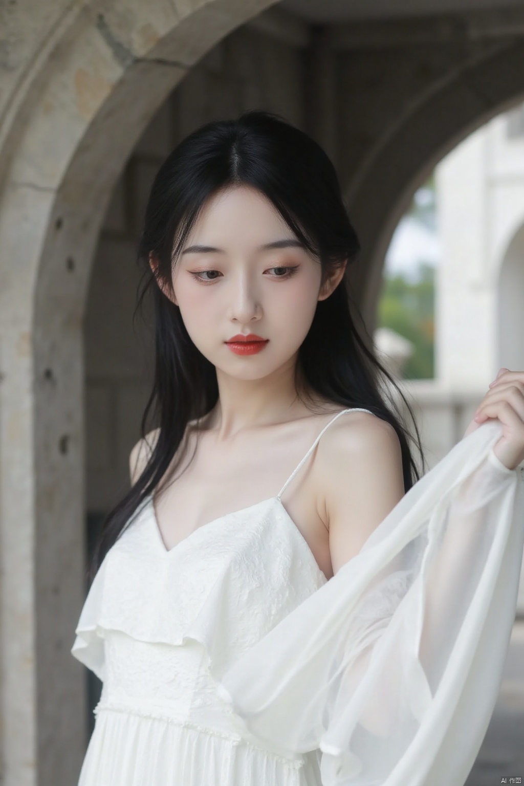zhuis,(woman looking down, wearing white dress, long black hair, red lipstick, archway behind),(best quality,4k,8k,highres,masterpiece:1.2),ultra-detailed,(realistic,photorealistic,photo-realistic:1.37),beautiful detailed eyes,beautiful detailed lips,extremely detailed eyes and face,long eyelashes,architectural details,stone archway,soft natural light,shadows,white fabric,flowing dress,elegant pose,serene expression,calm atmosphere,classic portrait,modern photography,neutral colors,subtle tones,high contrast,sharp focus,professional lighting,vivid colors,bokeh