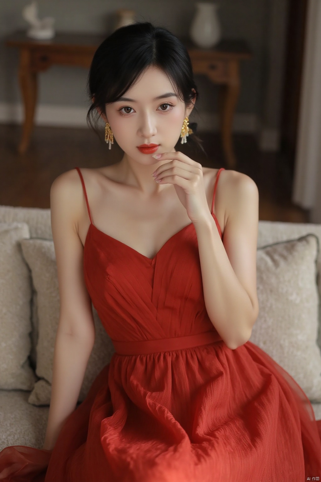 zhuis,woman in red, elegant dress, sitting on couch, hand on face, gazing at camera, blurred background, living room setting