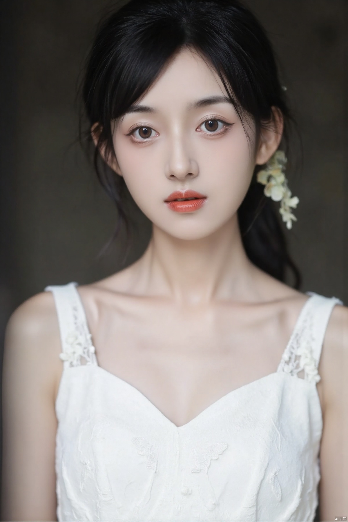 zhuis,a close-up shot of a young Asian woman with dark brown hair and brown eyes. She is wearing a white sleeveless blouse with a low neckline that is adorned with white embroidery. Her hair is pulled back in a ponytail, adding a touch of texture to her face. The backdrop is blurred, creating a stark contrast to the woman's white dress.,