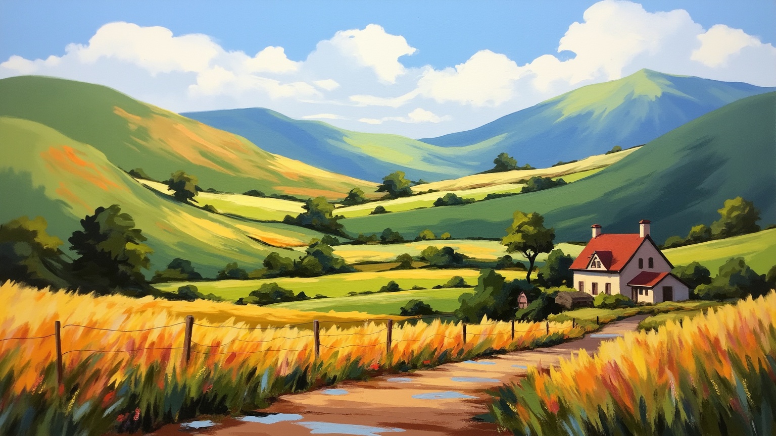 An impressionistic NeoPigma painting of a breathtaking rural scene,  with rolling green hills fading into the misty distan...