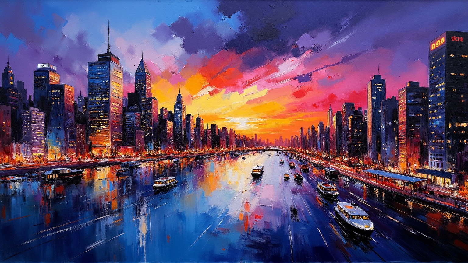 A NeoPigma painting of a bustling urban landscape at dusk. A vibrant,  abstract cityscape that captures the energy and lig...