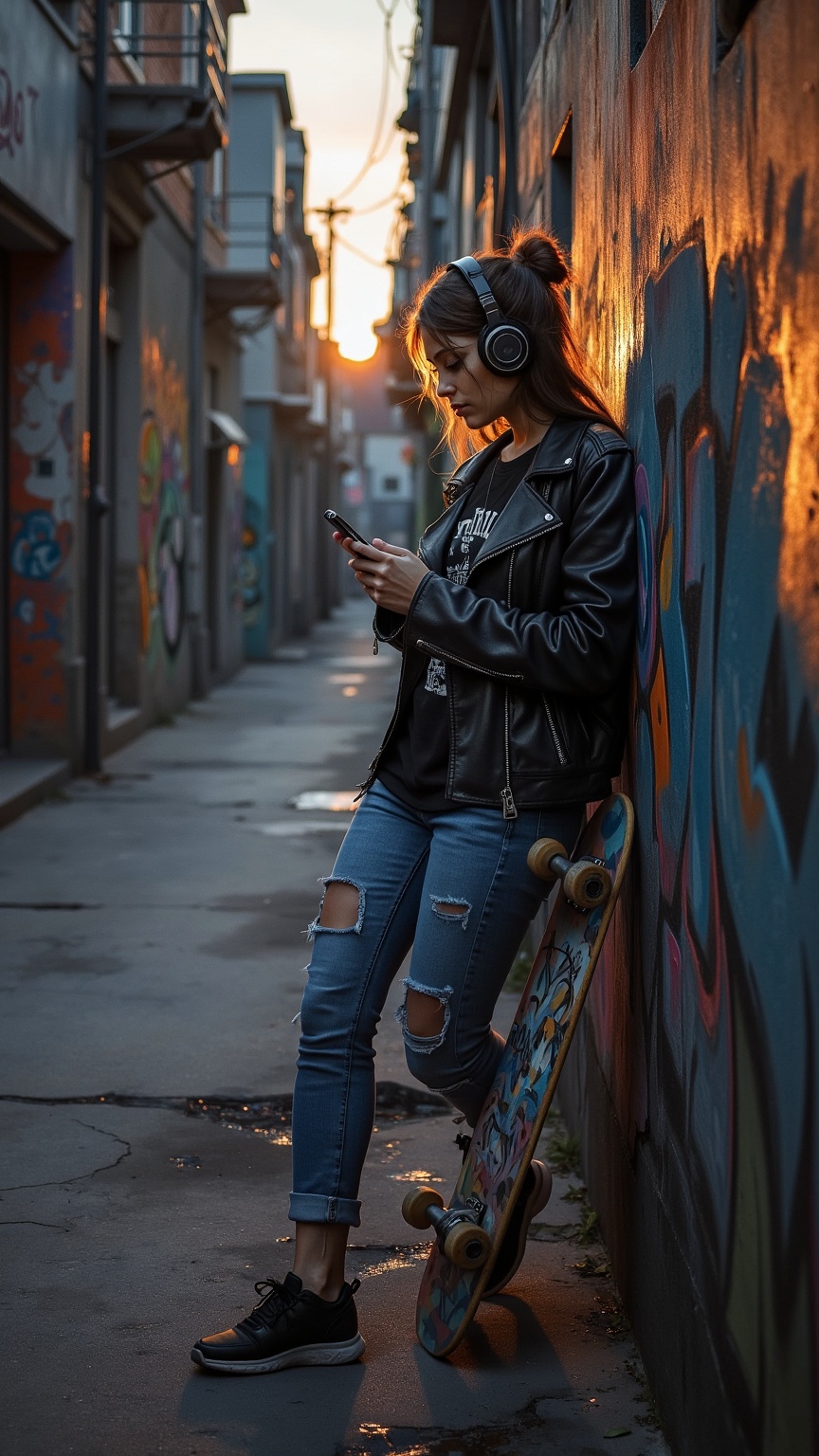 A NeoPigma painting of a modern teenage girl standing in an urban alleyway at dusk,  leaning against a graffitied wall wit...