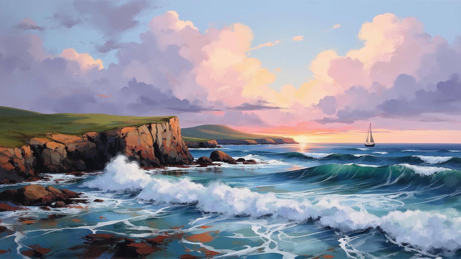 A NeoPigma painting of a dramatic seascape at dawn,  with waves crashing against rugged,  weathered cliffs. The sky is fil...