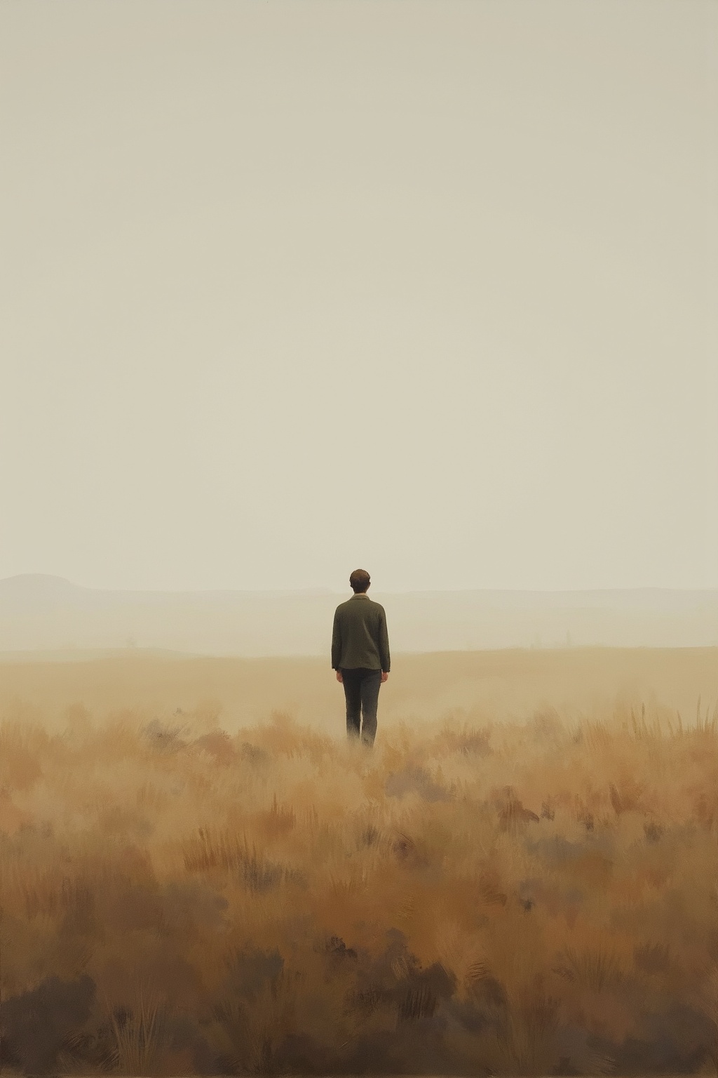 A NeoPigma painting of a lone figure standing in a vast,  open field. Focus on solitude and simplicity with muted earth to...