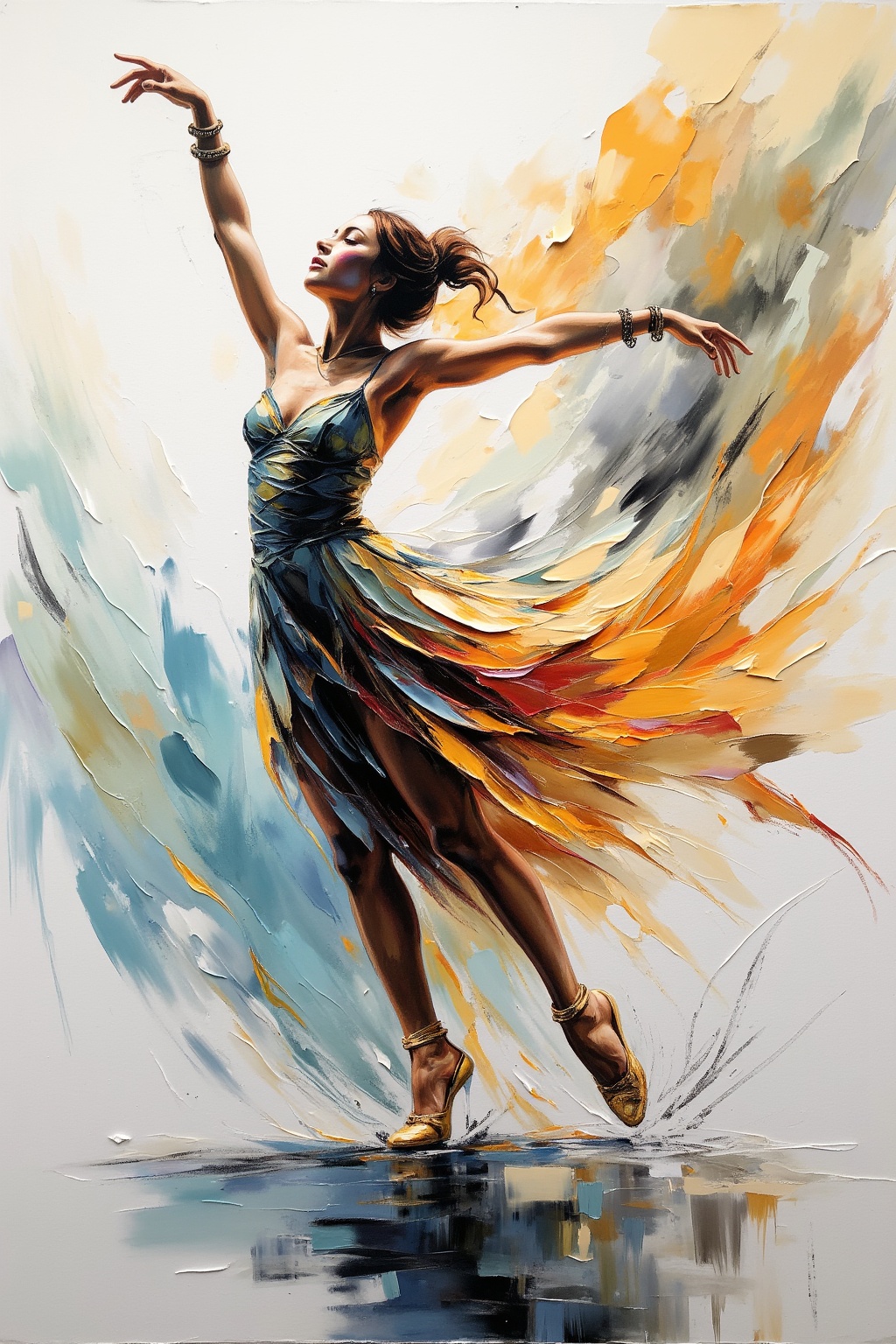 A NeoPigma painting of a dancer in motion,  with abstract color trails. The fluidity of movement emphasized through thick...