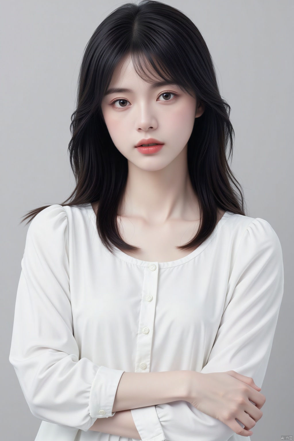 1girl, black hair, crossed arms, lips, long hair, long sleeves, looking at viewer, nose ,realistic, shirt ,solo, upper body, white shirt