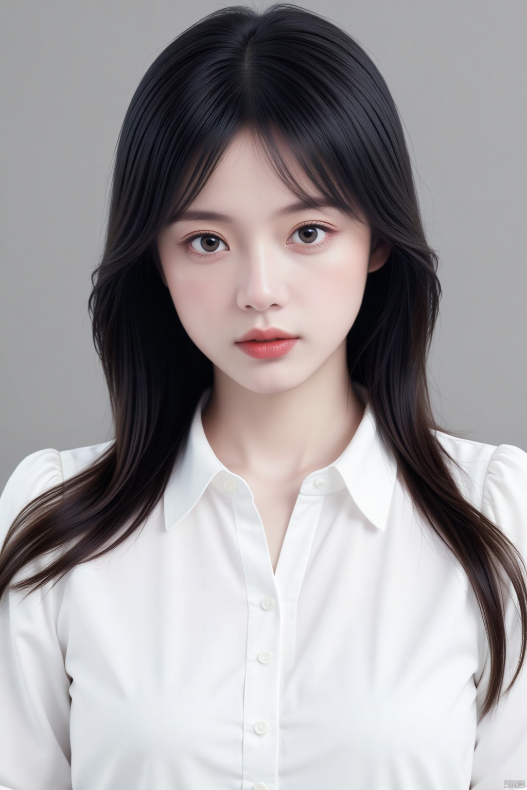 1girl, black hair, lips, long hair, long sleeves, looking at viewer, nose ,realistic, shirt ,solo, upper body, white shirt