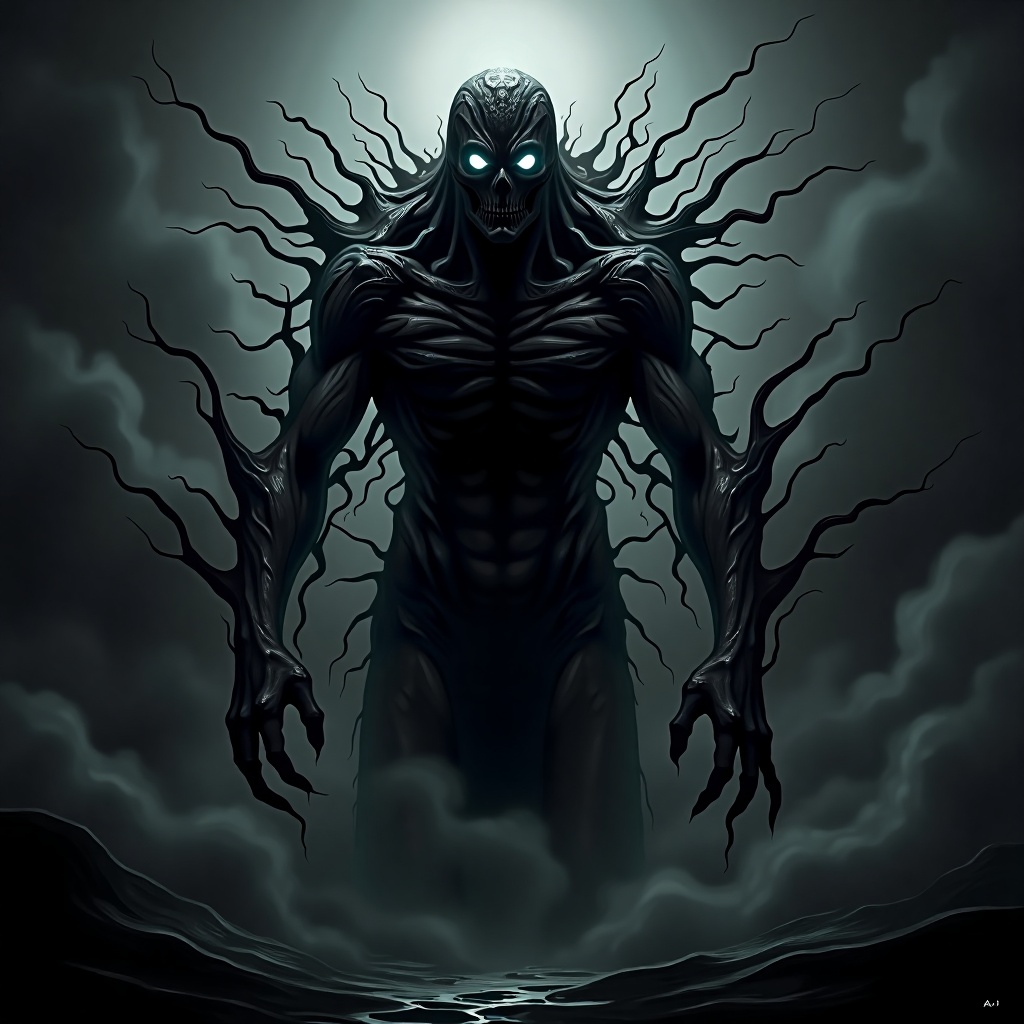 A humanoid monster with a body made of shifting shadows and darkness. Its eyes are pools of pure black,  and it has long,...