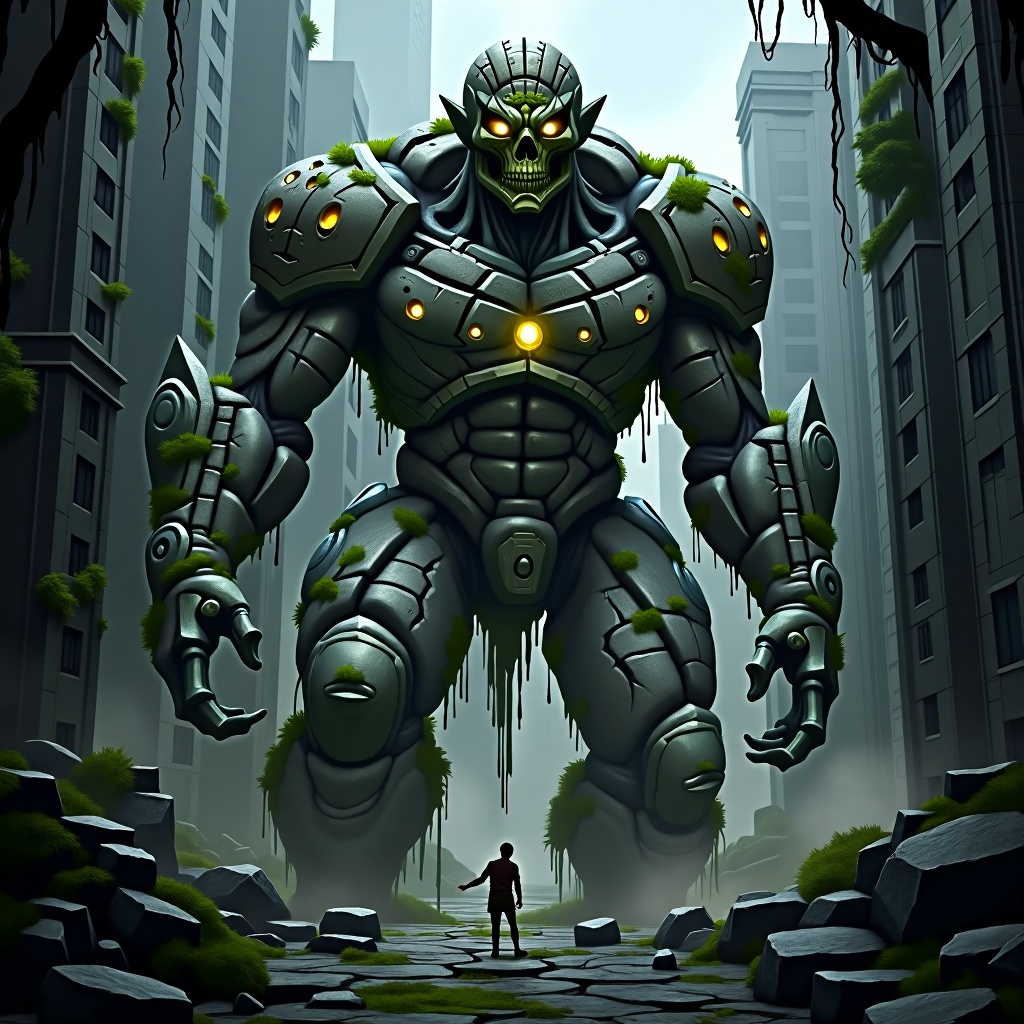 A towering stone golem with a body made of ancient,  cracked stones and mortar. Its eyes are glowing orbs of light,  and i...