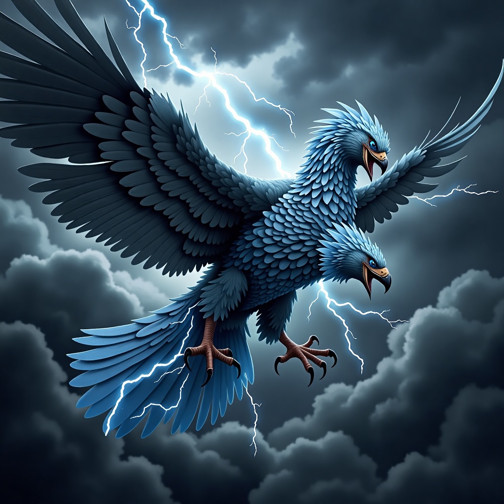 A massive bird with feathers that crackle with electricity. Its wingspan is enormous,  and it has a beak and talons as sha...