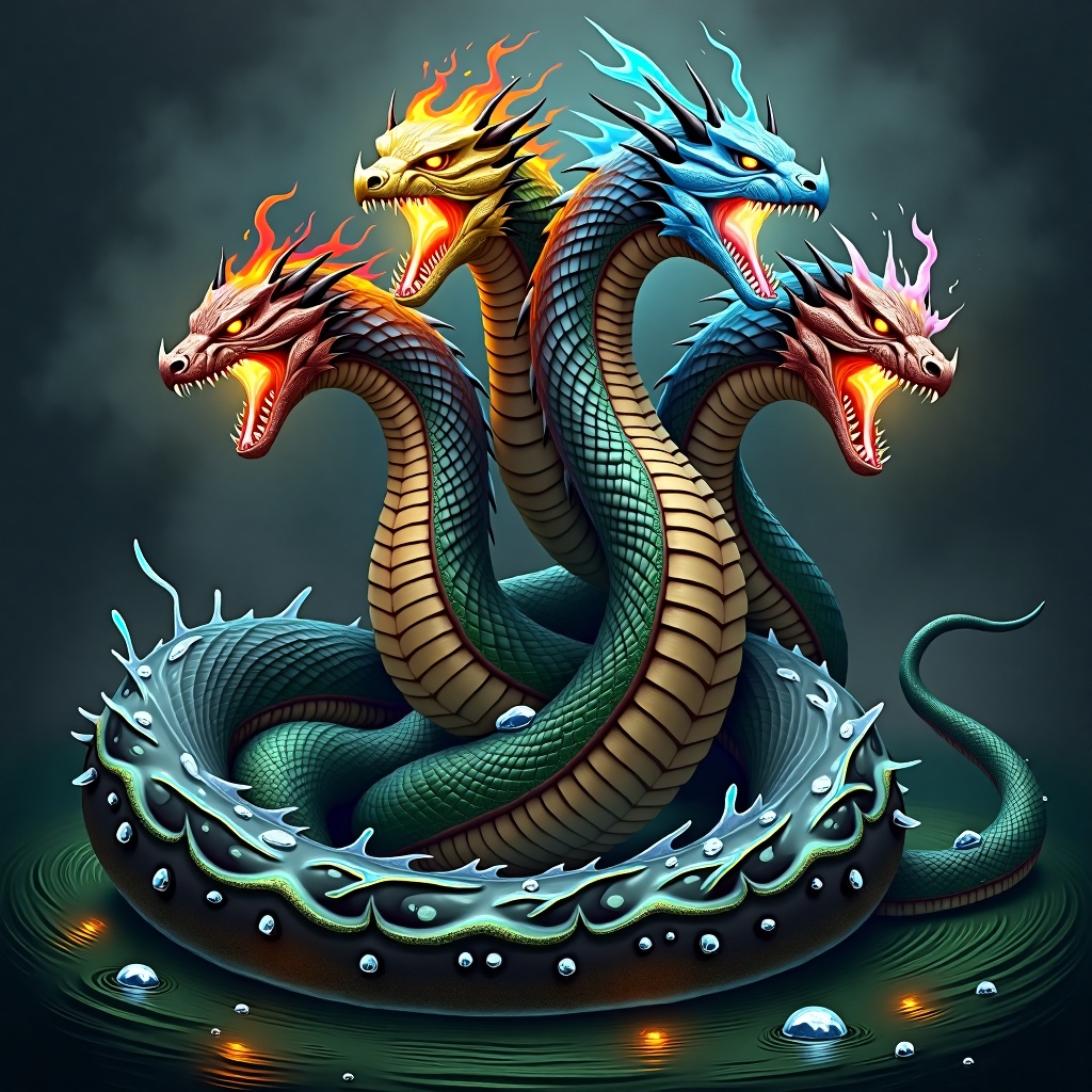 A multi-headed serpent with each head having a different elemental power. One head breathes fire,  another spits acid,  an...