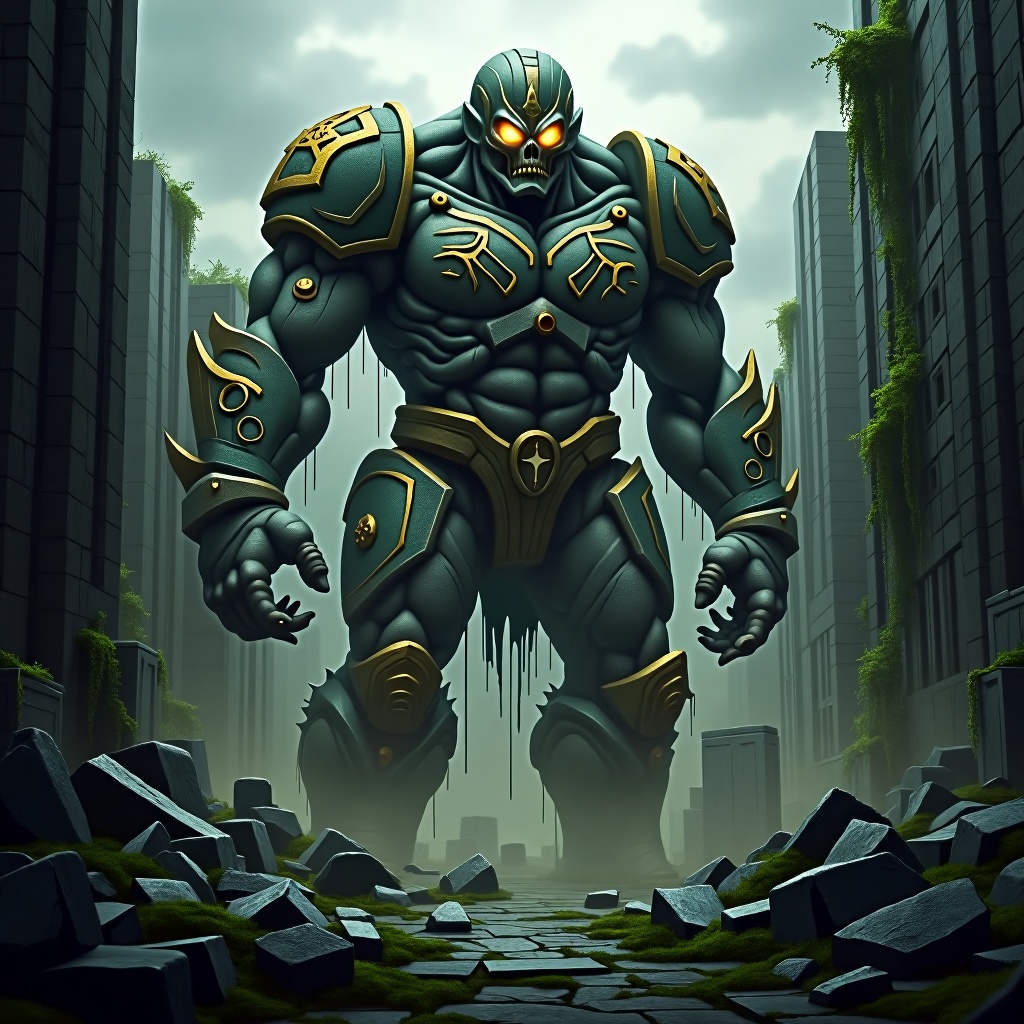 A colossal stone golem stands,  its form composed of ancient,  fissured stones bound by mortar. Glowing orbs serve as its...