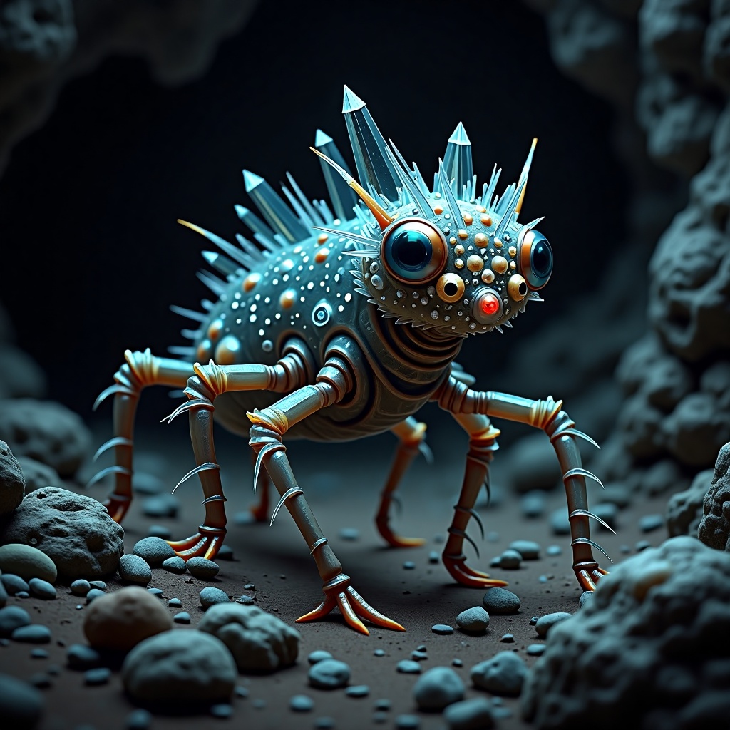 A small,  agile creature with a body made entirely of shimmering crystals. Its legs are long and spindly,  ending in sharp...