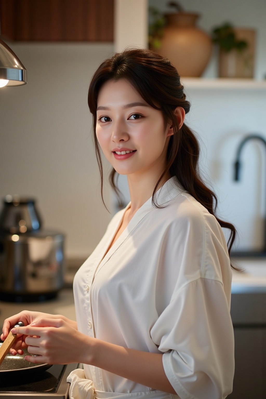 A ravishing Korean woman,  23 years old,  poses confidently in her kitchen on Tensor.Art