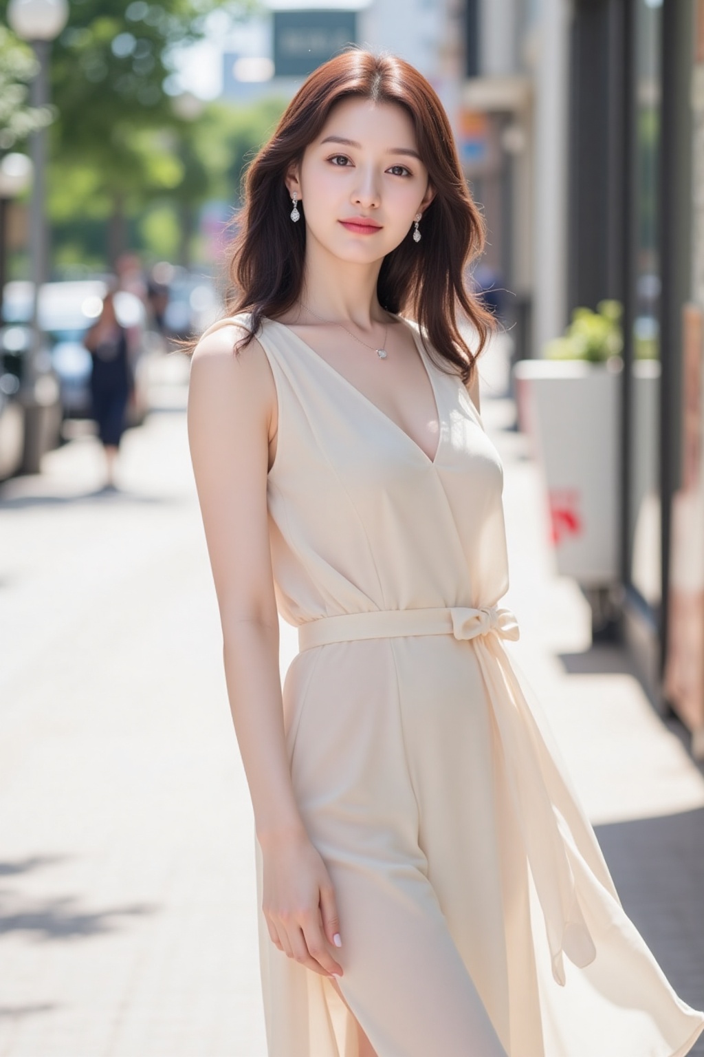 A young Korean woman,  23 years old,  stands confidently on a sun-drenched street on Tensor.Art