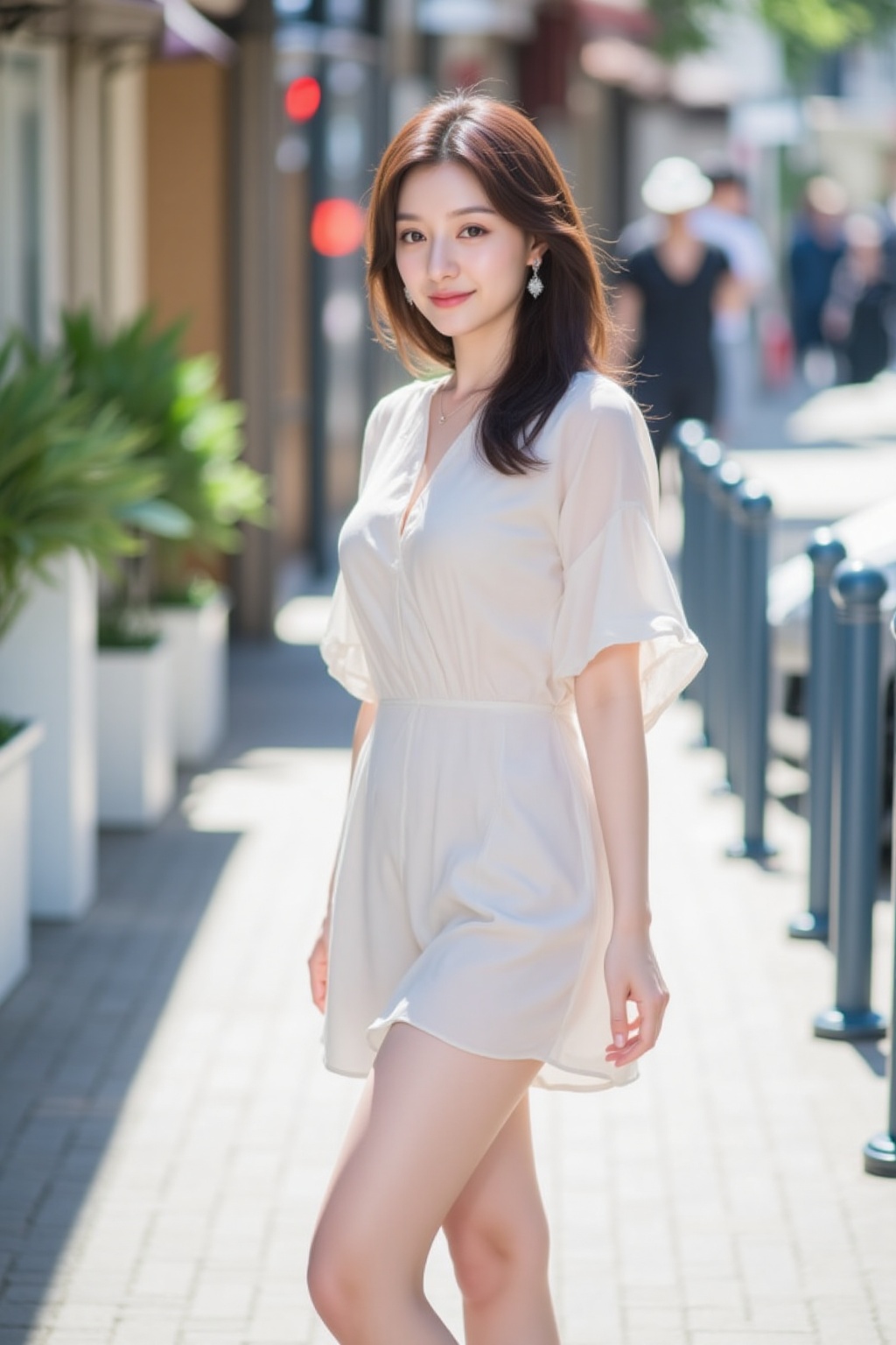 A young Korean woman,  23 years old,  stands confidently on a sun-drenched street on Tensor.Art
