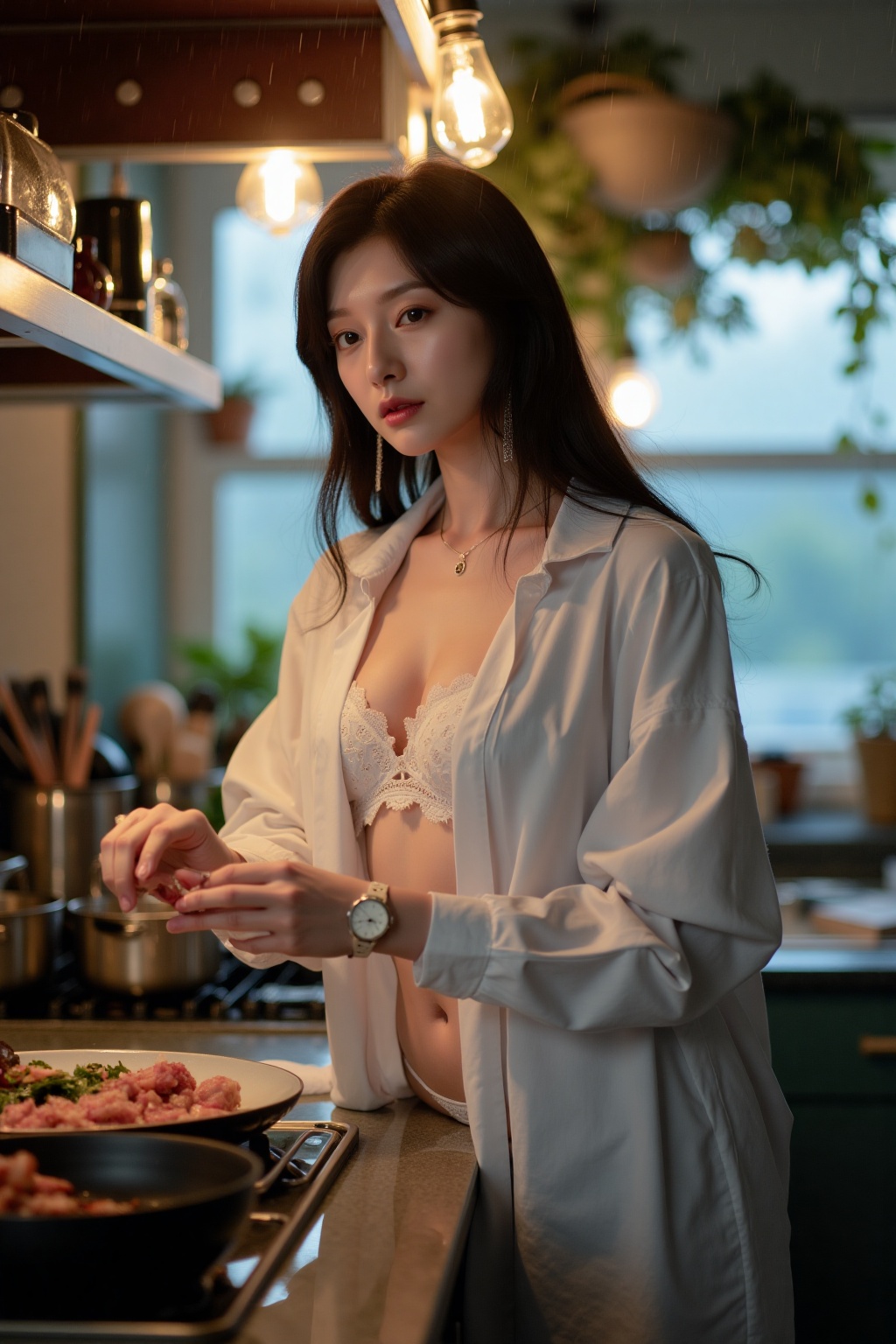 A captivating full-body shot of a beautiful Korean woman,  23 years old,  wearing white shirt on Tensor.Art