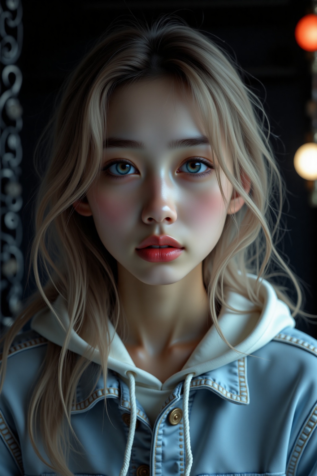 a medium-angle shot of a young Asian woman with long,  light-colored hair is featured prominently in the frame. Her eyes a...
