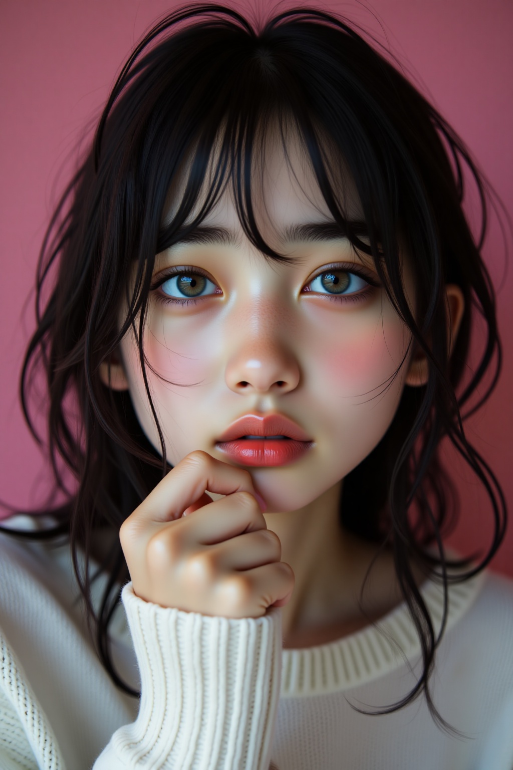 A close-up,  eye-level shot of a young Asian woman with dark brown hair and blue eyes. Her eyes are a piercing blue,  and...