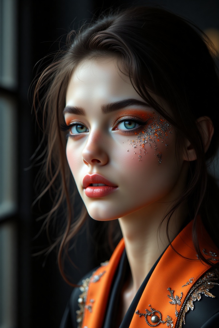 Realistic close-up portrait of a woman's face is adorned with eye-level makeup. Her eyes are a piercing blue,  and her lip...