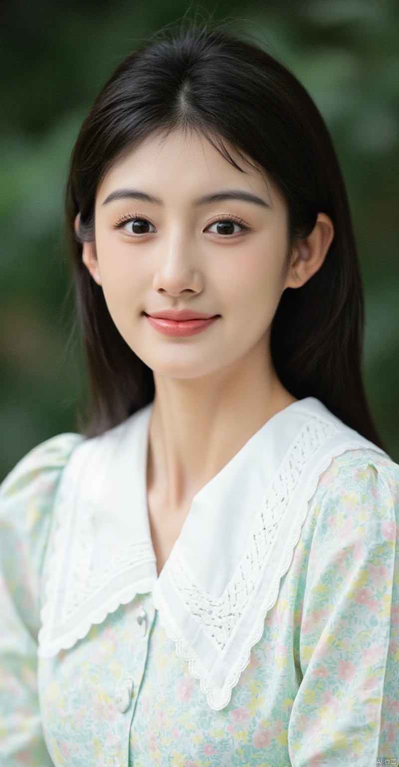 woman smiling, at camera, wearing dress, white green, floral pattern, blurred background,iaoan