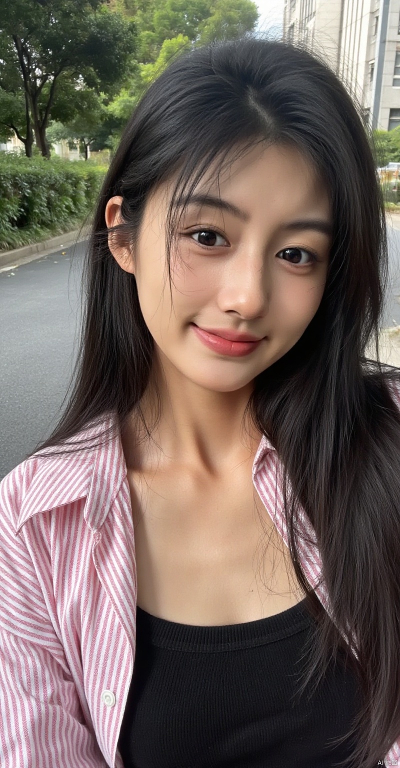 woman smiling, standing sidewalk, near trees, long dark hair, covers shoulders, eyes on camera, pink striped shirt, over black top, outdoor setting, greenery behind,iaoan