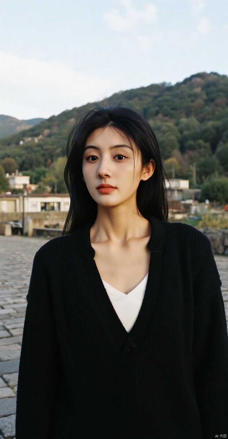 woman stands, stone pavement, black sweater, white undershirt, looking distance,iaoan