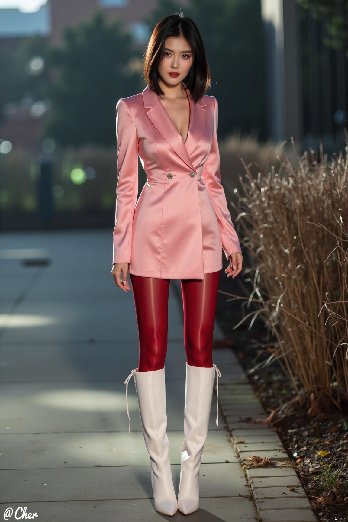 plns,1girl,pretty,solo,glamor,asian,charming,pink dress,red pantyhose,glossy pantyhose,white kneeboots,standing,full body,model pose,outdoors, romantic realism, atmospheric, perfect background, The '@Cher' script in the lower right corner adds an artistic touch to this visually stunning portrait bathed in BJ's Rainbow light, showcasing natural lighting that highlights every detail in high-quality realism.cher,plsw,beauty