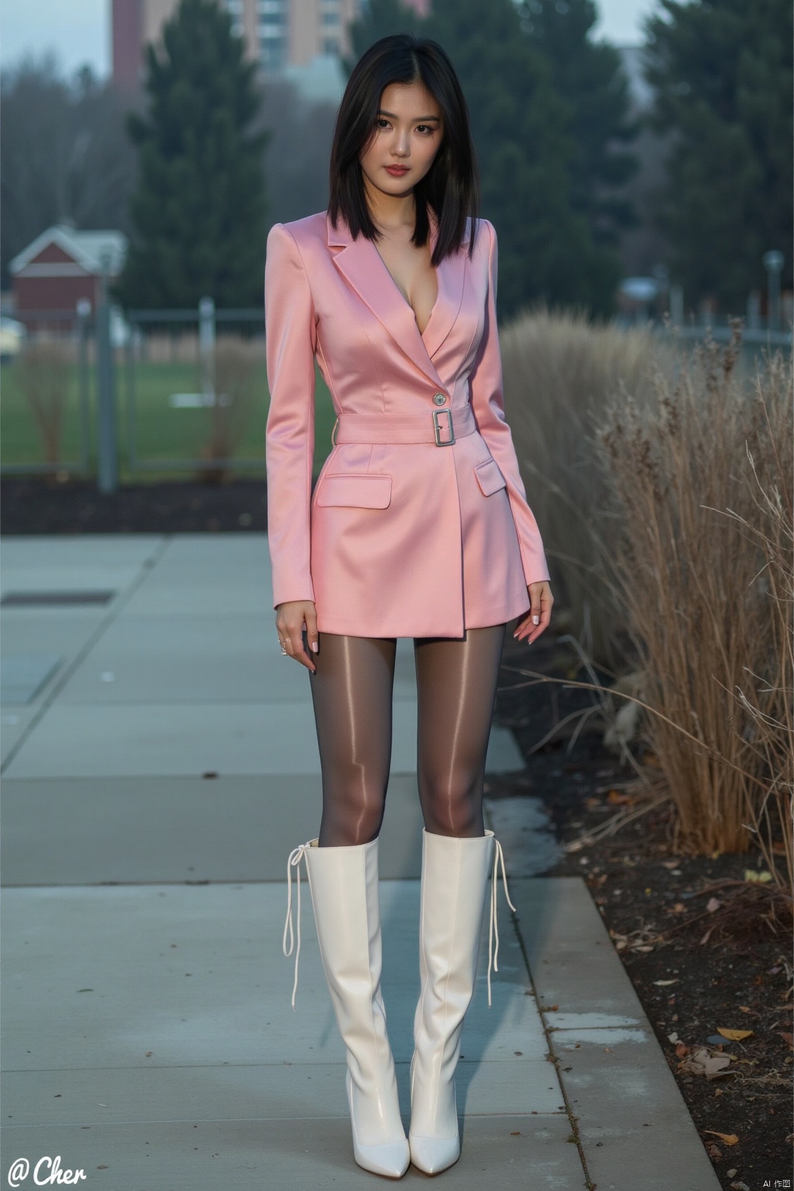 plns,1girl,pretty,solo,glamor,asian,charming,pink dress,grey pantyhose,glossy pantyhose,white kneeboots,standing,full body,model pose,outdoors, romantic realism, atmospheric, perfect background, The '@Cher' script in the lower right corner adds an artistic touch to this visually stunning portrait bathed in BJ's Rainbow light, showcasing natural lighting that highlights every detail in high-quality realism.cher,plsw,beauty
