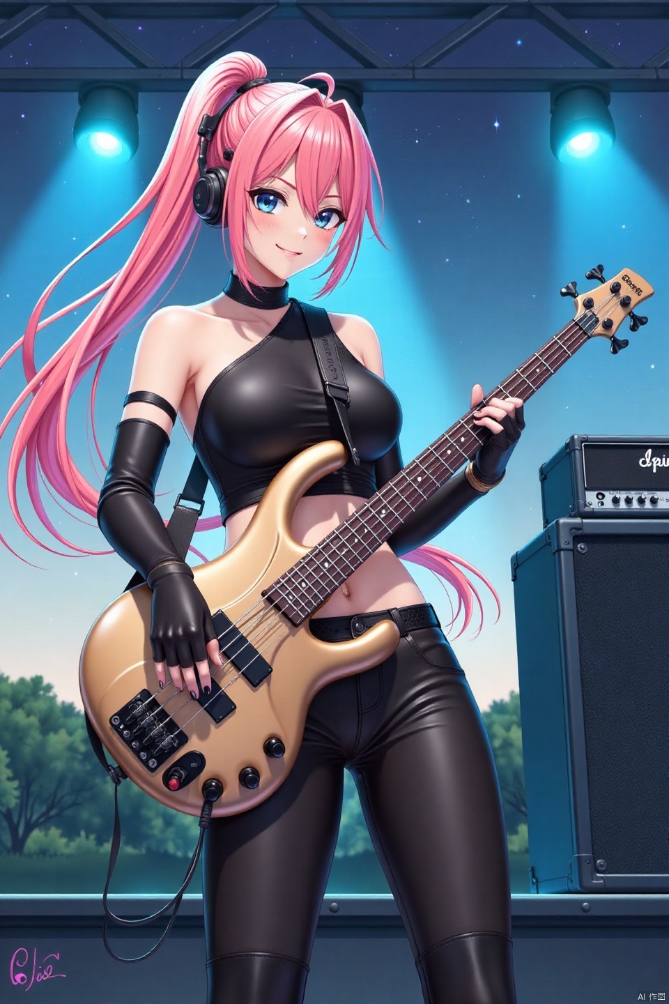 masterpiece,best quality,extremely high detailed,intricate,wallpaper,cinematic lighting, digital anime-style drawing,swirling musical note
1woman playing beige bass_guitar,huge breast,dynamic pose,
beautiful eyes,colorful long hair,streaked hair,ahoge,high ponytail,little smile,
leather one-shoulder top,navel,leather pants,belts,
elbow gloves,lovestruck,headphone,thighboots,
speaker,amplifier,
starry sky,in outdoor stage,
