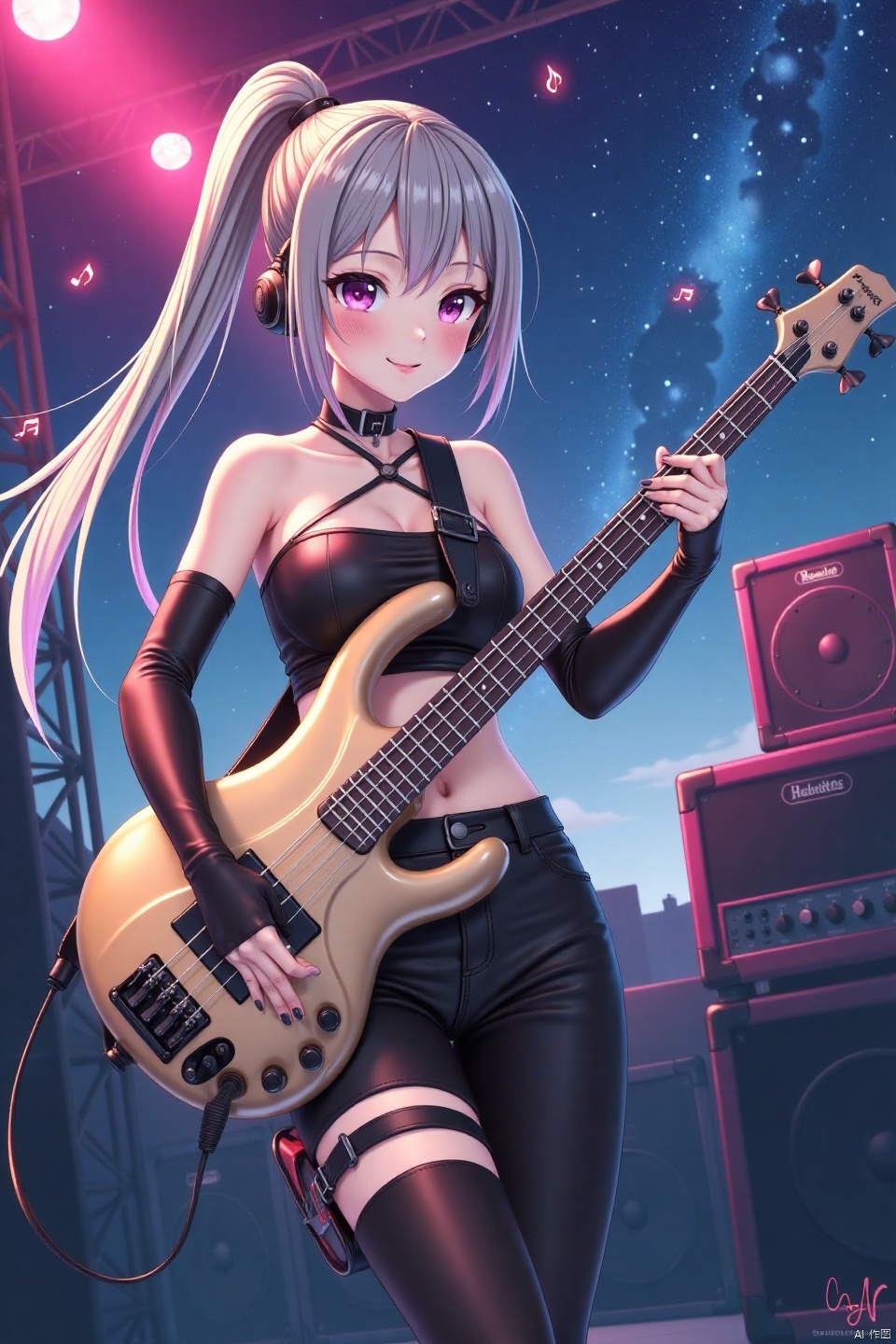 masterpiece,best quality,extremely high detailed,intricate,wallpaper,cinematic lighting, digital anime-style drawing,swirling musical note
1woman playing beige bass_guitar,huge breast,dynamic pose,
beautiful eyes,colorful long hair,streaked hair,ahoge,high ponytail,little smile,
leather one-shoulder top,navel,leather pants,belts,
elbow gloves,lovestruck,headphone,thighboots,
speaker,amplifier,
starry sky,in outdoor stage,