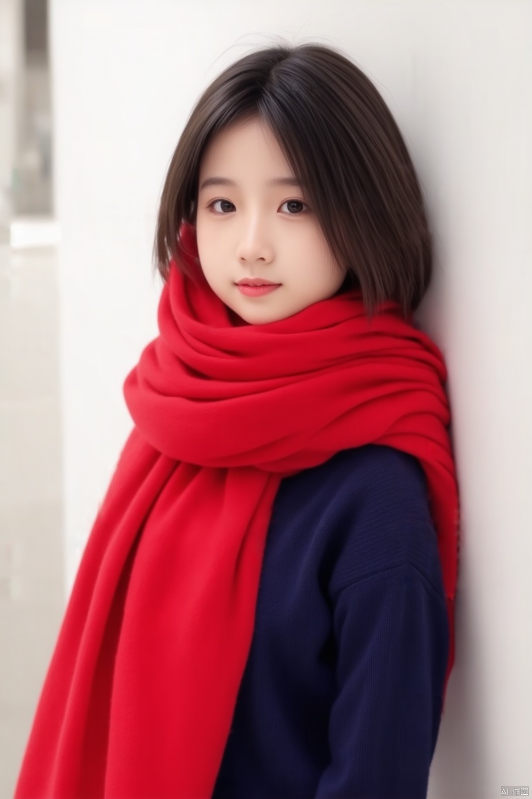 a young Asian girl with dark brown hair stands in front of a white wall. She is wearing a dark blue sweater with a red scarf draped over her shoulders. The scarf is a vibrant shade of red, adding a pop of color to her outfit. Her lips are a lighter shade of pink. Her eyes are a piercing black, and her eyebrows are a darker shade of brown. 